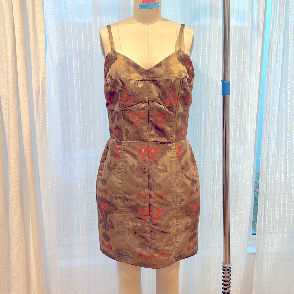Custom Corseted Gold Jacquard Dress With Back Zipper - Made For Curvy Size 6/8
